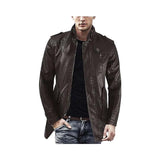 Men's Leather Belted Coat with Stand-Up Collar